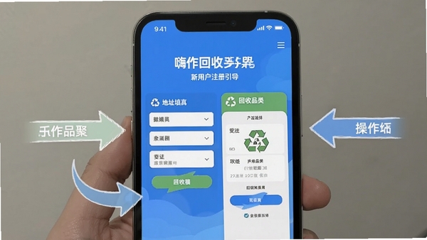 �˻���APP���û�ע������ҳ�棬չʾ��ַ��д���������Ʒ��ѡ����棬�ֻ���Ļ��Χ�в���ָ����ͷ