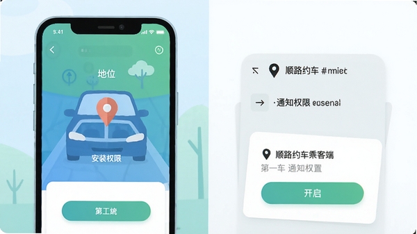 顺路约车乘客端安装权限设置示意图,手机屏幕显示定位与通知权限开启界面,扁平化设计风格,配色清新