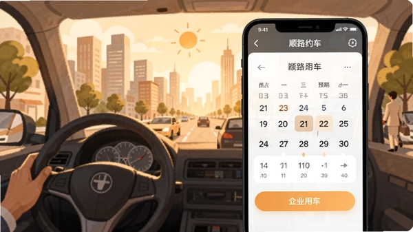 顺路约车乘客端预约用车功能界面,日历与时间选择器,背景为城市通勤场景插画,色调温暖明亮