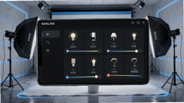 NANLINK软件界面展示多灯分组控制功能,手机屏幕显示多个灯具图标与亮度色温调节滑块,背景为专业摄影棚环境,科技感蓝色光效点缀
