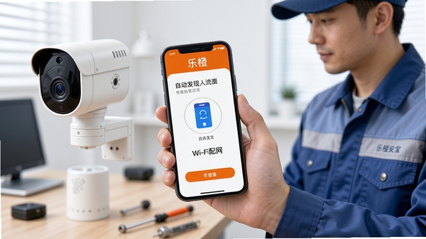 乐橙安装宝手机界面展示设备自动发现与Wi-Fi配网流程,工程师手持手机站在摄像头旁操作