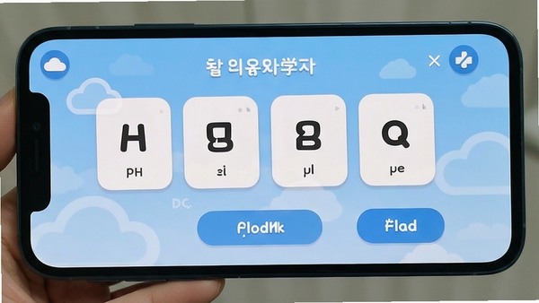 FlowKo云朵韩语 韩文字母学习界面 清新蓝色调 手机屏幕展示 字母卡片与发音按钮 扁平化设计风格