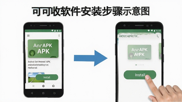 可可收软件安装步骤示意图,安卓手机安装APK界面,手指点击安装按钮,清晰的操作指引风格,明亮简洁的画面