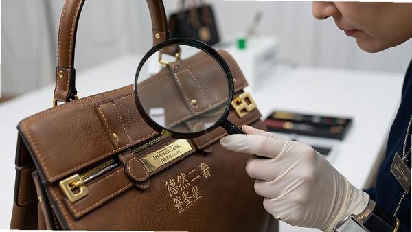 德然二奢鉴定师正在使用专业工具检验奢侈品箱包细节,画面展示放大镜下的皮质纹理与五金刻字,体现专业严谨的鉴定场景
