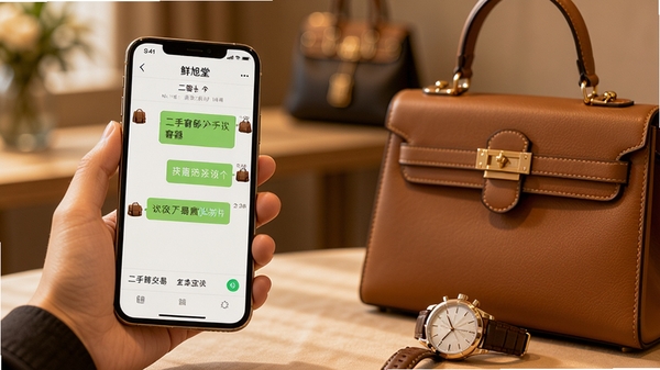 鲜旭堂二奢使用场景示意图,一只手握持手机展示二手奢侈品聊天议价界面,旁边放置一只经典款二手皮包与腕表,画面色调温暖,突出安全交易与便捷沟通的氛围,背景虚化处理,风格写实清晰