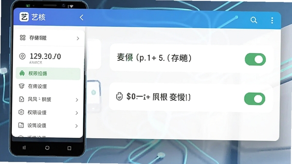 艺核软件在安卓手机上的权限设置界面示意图,展示存储与麦克风权限开启状态,界面带有艺核图标和设置选项,风格简洁科技感