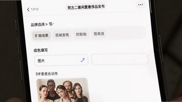 梵古二奢闲置奢侈品发布页面手机截图,展示品牌选择、成色填写、图片上传等表单界面,风格简洁友好,带有二手交易平台的实用氛围