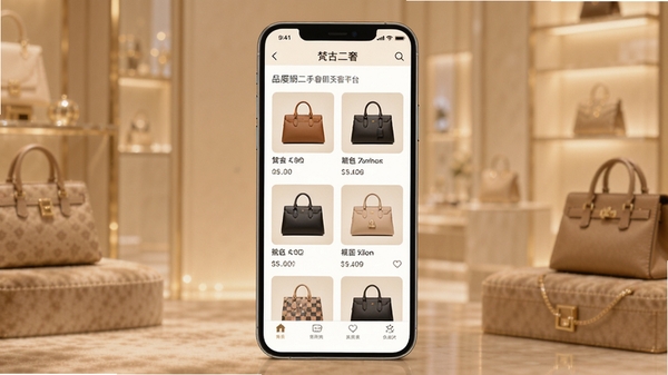 梵古二奢手机应用首页展示二手奢侈品箱包腕表分类浏览界面,界面简洁清晰,商品缩略图排列整齐,配以柔和的暖色调背景,突出二手奢侈品交易平台的实用感与品质感