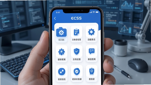 ECSS软件界面展示,简洁清爽的手机工具应用首页,功能图标排列整齐,蓝白色调,科技感与实用感兼具