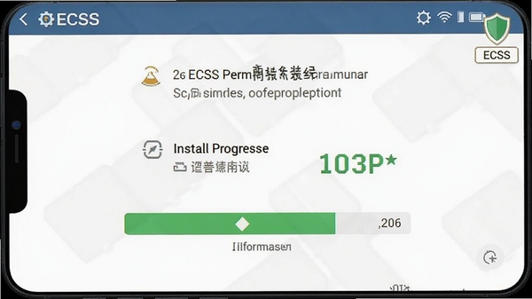 ECSS软件在手机上的安装界面截图,展示权限授予和安装进度,界面清晰,带有安全提示标识