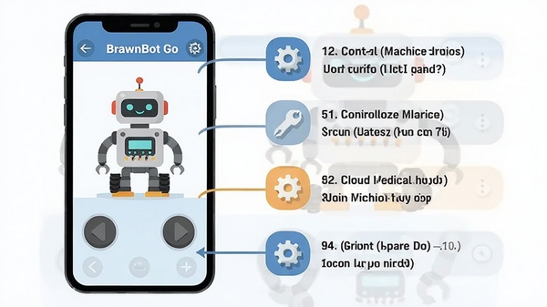 BrawnBot Go软件操作教程示意图,手机屏幕显示虚拟摇杆控制机器人的界面,旁边标注步骤说明文字,简洁扁平化设计风格