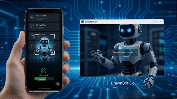 BrawnBot Go软件界面展示智能机器人快速连接过程,手机屏幕显示设备扫描列表与连接成功提示,科技感蓝色调背景