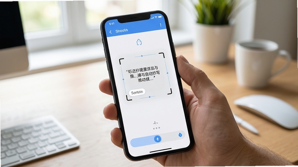 轻松抄软件主界面展示,手机屏幕上显示文字识别与自动抄写功能,简洁清爽的UI设计,办公室桌面场景,自然光线,真实手机应用截图风格