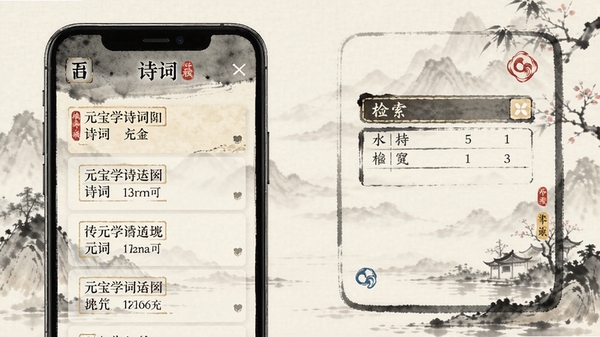 元宝学诗词软件界面展示,手机屏幕中呈现古诗词列表与检索框,中国风UI设计,淡雅水墨背景,清晰展示诗词标题与作者信息