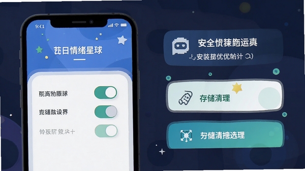 Fours情绪星球安装设置界面示意图,手机屏幕显示权限开关与存储清理选项,扁平化设计风格,突出安全安装与运行优化要点
