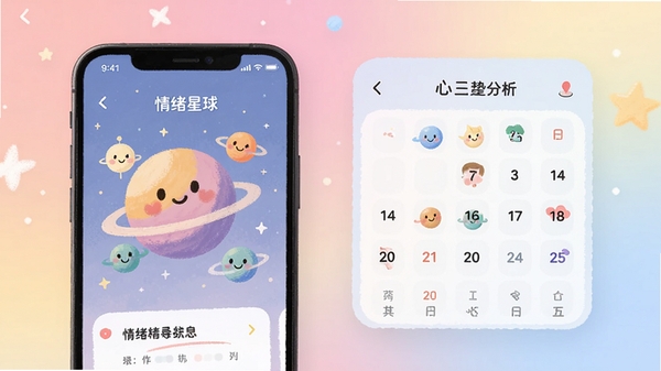 Fours情绪星球应用界面展示,手机屏幕中呈现彩色情绪星球与心情日历,柔和渐变背景,治愈系插画风格,突出情绪记录与趋势分析功能
