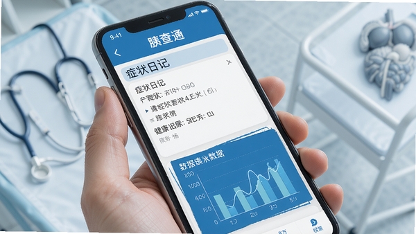 胰查通手机应用健康记录界面,蓝色医疗风格,展示症状日记与数据图表
