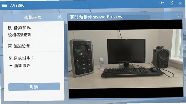 LWS380软件手机端操作界面截图,展示设备添加流程与实时预览画面,简洁明了的教程风格配图
