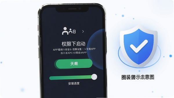 对圈职场APP安装设置示意图,手机屏幕展示权限开启界面与安装进度条,旁边有盾牌安全图标,突出安全下载与权限设置主题