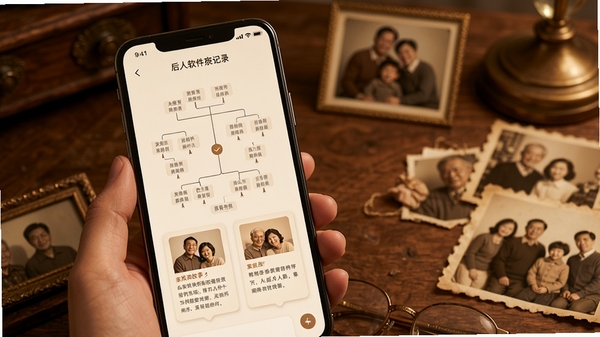 后人软件家族记录界面展示,手机屏幕上呈现家谱树状图与家族故事卡片,暖色调温馨风格,背景为书桌与老照片,突出家族传承主题