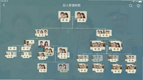 后人app家谱树状图界面,清晰展示多代家族成员关系连线,界面简洁,配色温和,手机竖屏展示