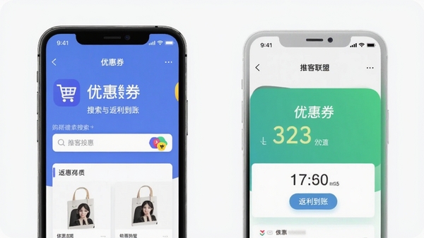 推客联盟APP界面展示优惠券搜索与返利到账功能的手机截图,简洁购物导购风格