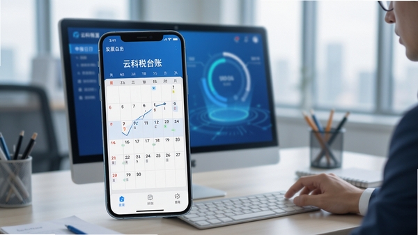 云科税通手机端申报日历与发票台账界面展示,蓝色科技风,办公场景,清晰界面元素