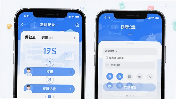 时叙app新手操作指引示意图,手机界面展示新建记录步骤与权限设置页面,扁平化插画风格,科技蓝配色