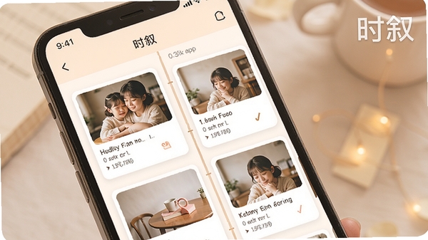 时叙app时间轴记录界面,手机屏幕展示图文日记卡片排列,清新简约风格,柔和暖色调,软件名称时叙水印