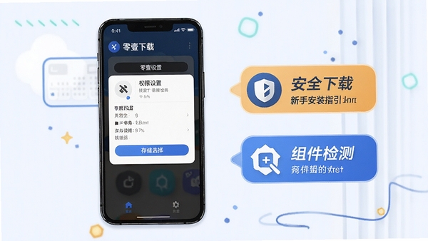零壹手游新手安装指引示意图,手机屏幕显示权限设置与存储选择界面,旁边有提示标签标注安全下载与组件检测,整体风格简洁清晰