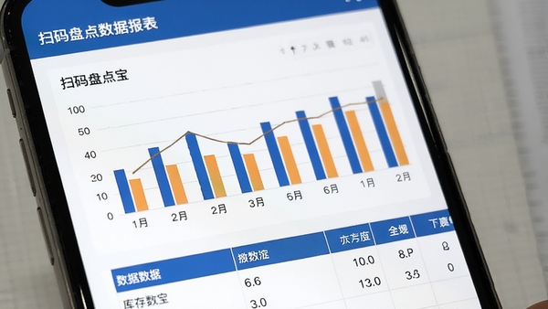 扫码盘点宝数据报表页面展示,柱状图与表格结合,库存数据一目了然,简洁商务风格,手机屏幕特写