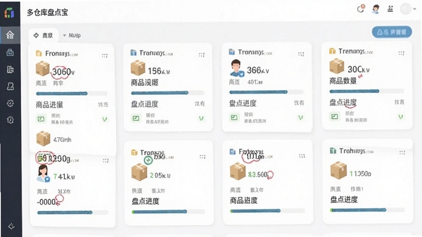 扫码盘点宝多仓库管理界面,多个仓库卡片排列,每个卡片显示商品数量与盘点进度,扁平化设计风格