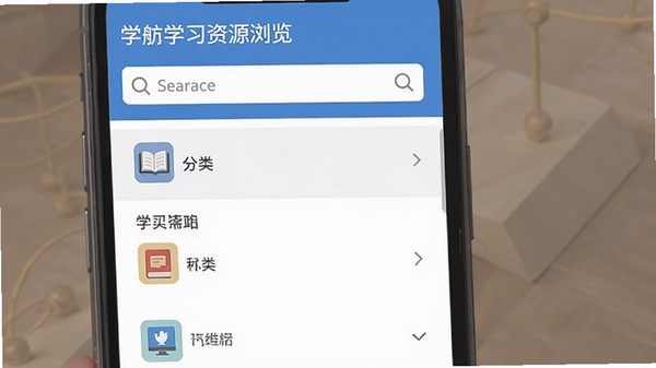 学舫学习资源浏览页面,手机界面展示分类列表与搜索框,简洁扁平化设计,学习资料图标点缀