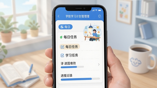 学舫学习计划管理界面,手机屏幕展示每日任务清单与进度条,清爽蓝白配色,学习场景插画风格