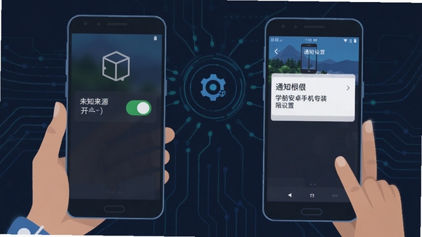 学舫安卓手机安装与权限设置示意图,展示未知来源开关与通知权限界面,扁平化科技风格插画