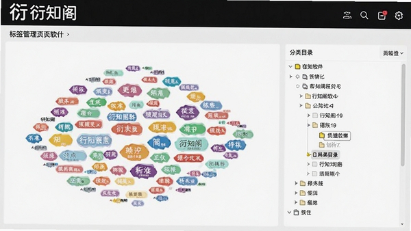 衍知阁软件中标签管理页面,展示彩色标签云和分类目录树,界面带有衍知阁软件名称标识