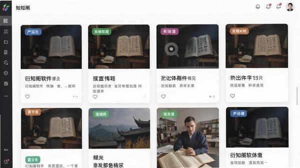 衍知阁软件界面中展示多张知识卡片以网格形式排列,每张卡片带有彩色标签和图文内容,整体风格清爽简洁
