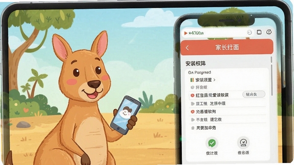 红袋鼠爱悦读软件安装权限设置与家长控制界面示意图