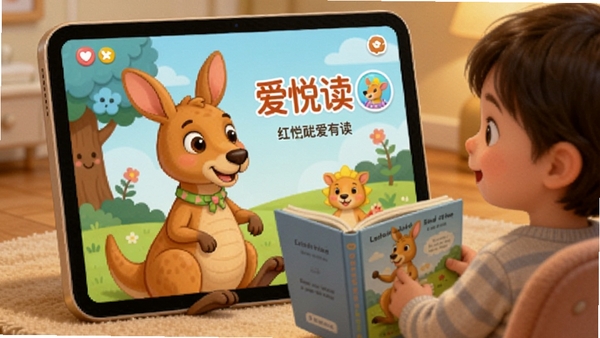 红袋鼠爱悦读软件中卡通小袋鼠陪伴孩子阅读绘本的温馨场景