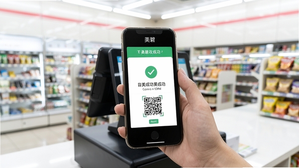 美碧收银台手机扫码收款界面展示,店铺柜台场景,手机屏幕显示收款成功提示,明亮整洁的便利店背景