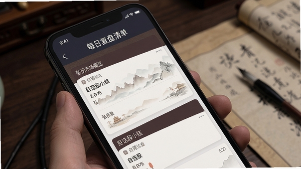弘历锦囊每日复盘清单界面,手机展示当日市场概览与自选股小结条目,配色沉稳