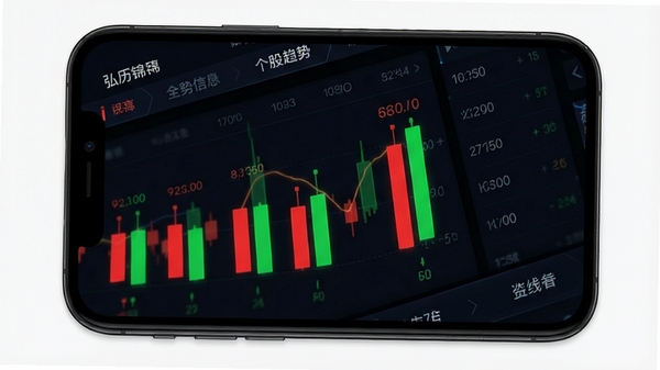 弘历锦囊手机端个股趋势信号界面,深色行情背景,红绿柱状信号带清晰可见,界面简洁科技感强