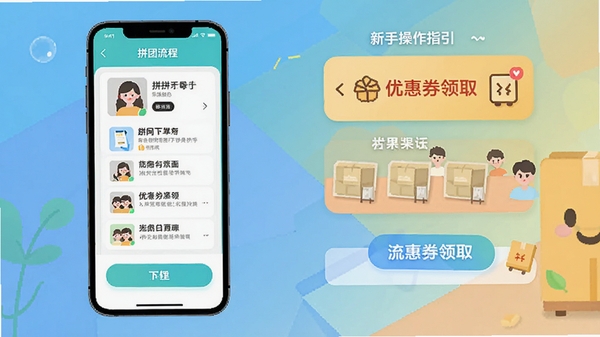��ƴ��APP���ֲ���ָ��ʾ��ͼ���ֻ���Ļչʾƴ���µ��������Ż�ȯ��ȡ���裬��ƽ����Ʒ����ɫ����