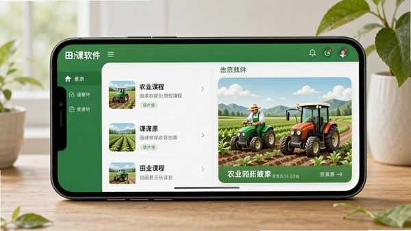 田课软件主界面展示,手机屏幕上呈现农业课程列表与田间实景插图,绿色主色调,清新自然风格