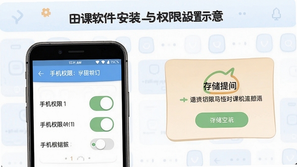 田课软件安装与权限设置示意界面,展示手机权限开关与存储空间提示,简洁教程风格