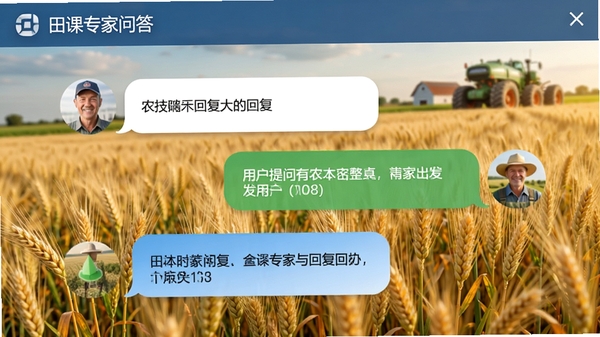 田课专家问答界面,展示用户提问与农技人员回复的对话气泡,配以麦田背景,专业可靠风格