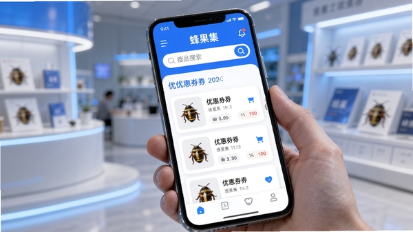 蜂果集APP首页优惠券搜索界面展示,手机屏幕显示商品搜索框与优惠券列表,简洁清新的UI设计,蓝白配色,科技感购物场景