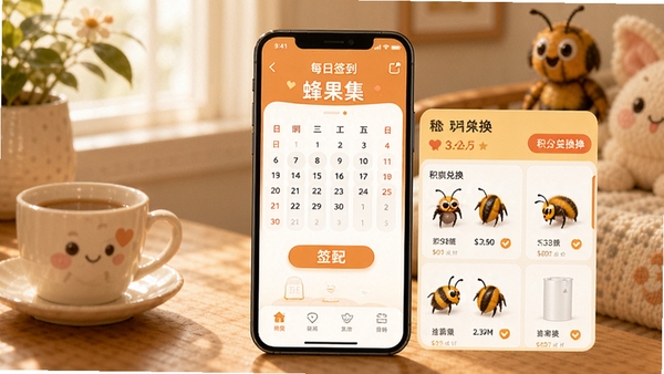 蜂果集APP每日签到与积分商城界面,手机屏幕显示签到日历和积分兑换商品列表,温馨明亮的暖色调设计,生活化场景