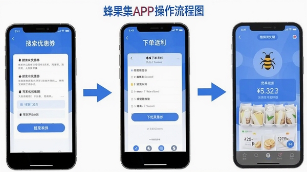 蜂果集APP操作流程图,手机屏幕展示从搜索优惠券到下单返利的完整步骤,包含箭头指引和界面截图,扁平化设计风格,蓝色主色调