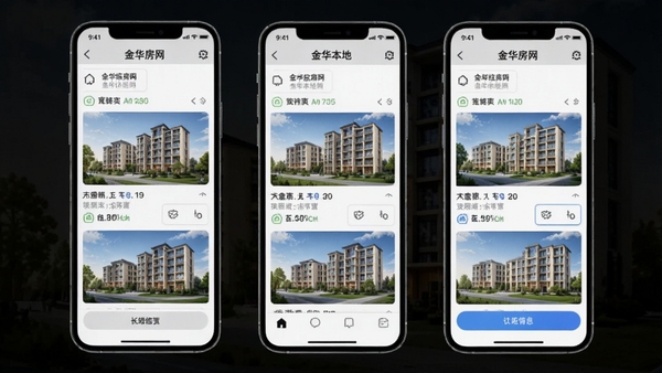 金华房网手机APP楼盘信息浏览界面,展示金华本地楼盘列表与筛选功能,界面清爽现代,房产类应用场景